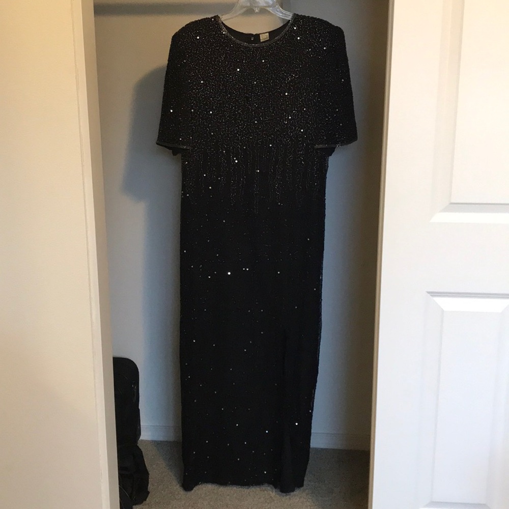 100% Silk Full length black beaded, sequined dress